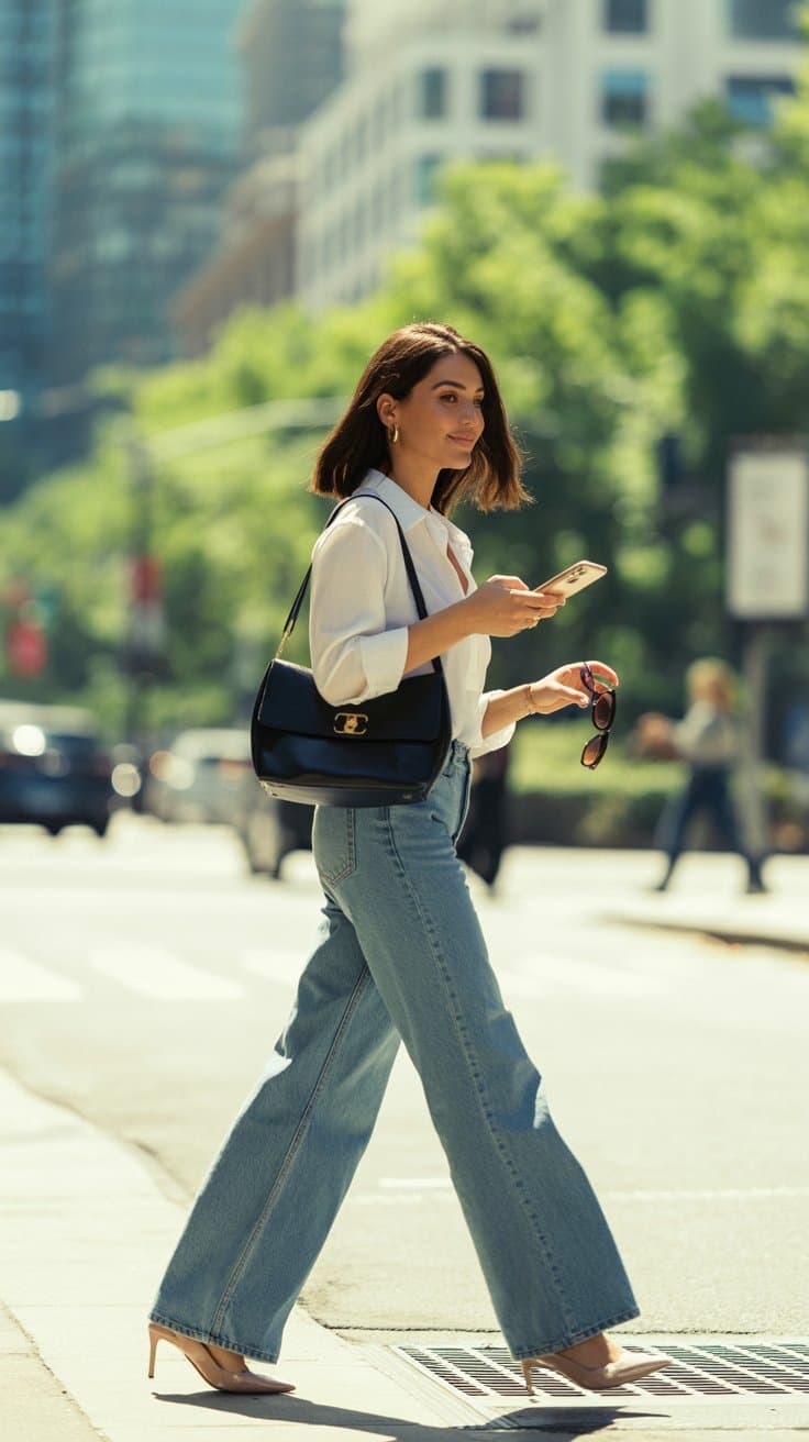 Woman in white shirt and blue jeans walking in a city
