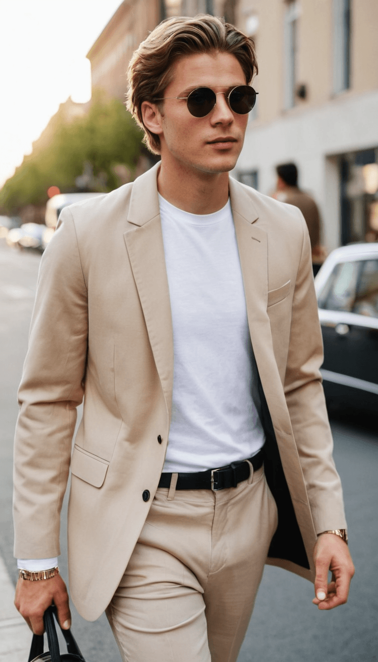 Woman in oversized beige blazer and sunglasses